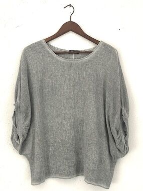 Textured Weave Grey Linen Cotton Dolman Sleeve Blouse, Relaxed Lagenlook, Medium